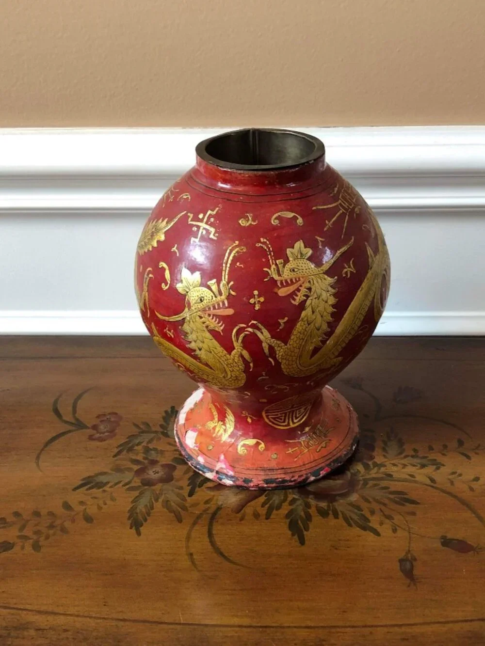 Antique Asian Sadek Sons paper mache red gold dragon vase - as is